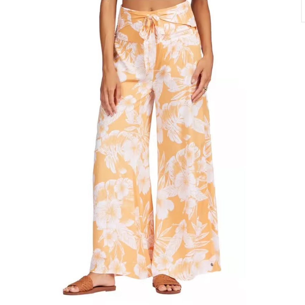 New Roxy Tropical Floral Wide-Leg Pants in Orange and White